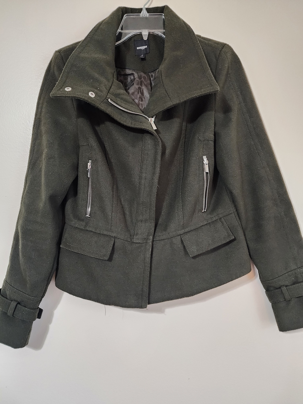 Express Women's Olive Green Zip-Front Wool-Blend Pea Coat
